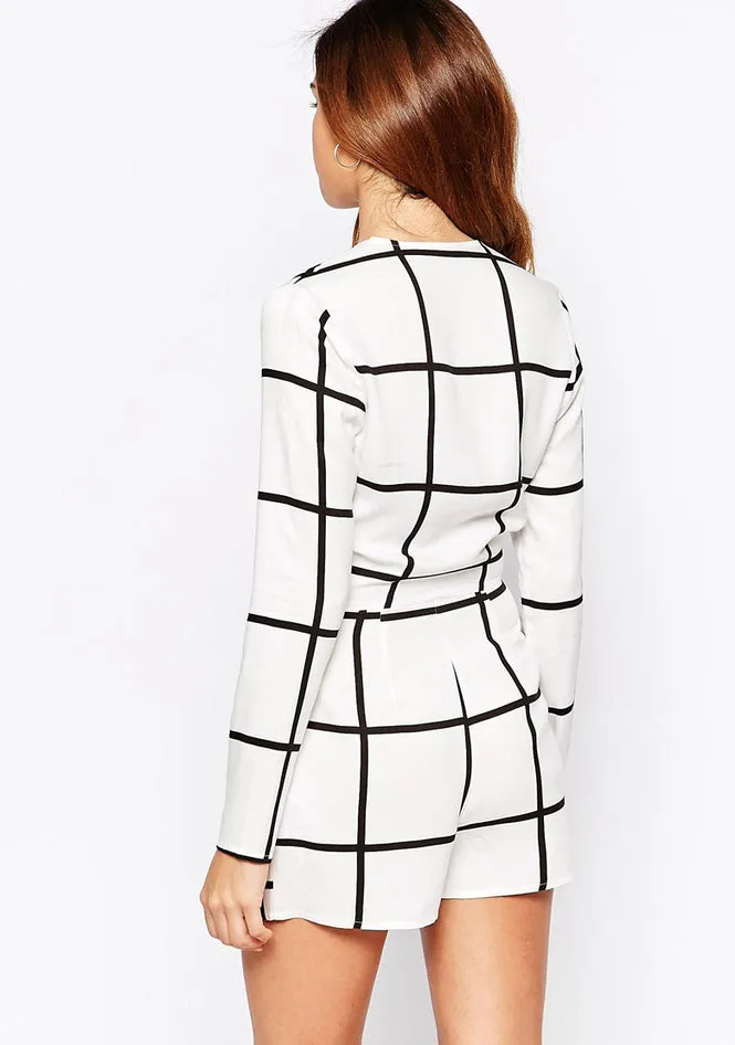 image:White Grid Pattern Wrap Romper
