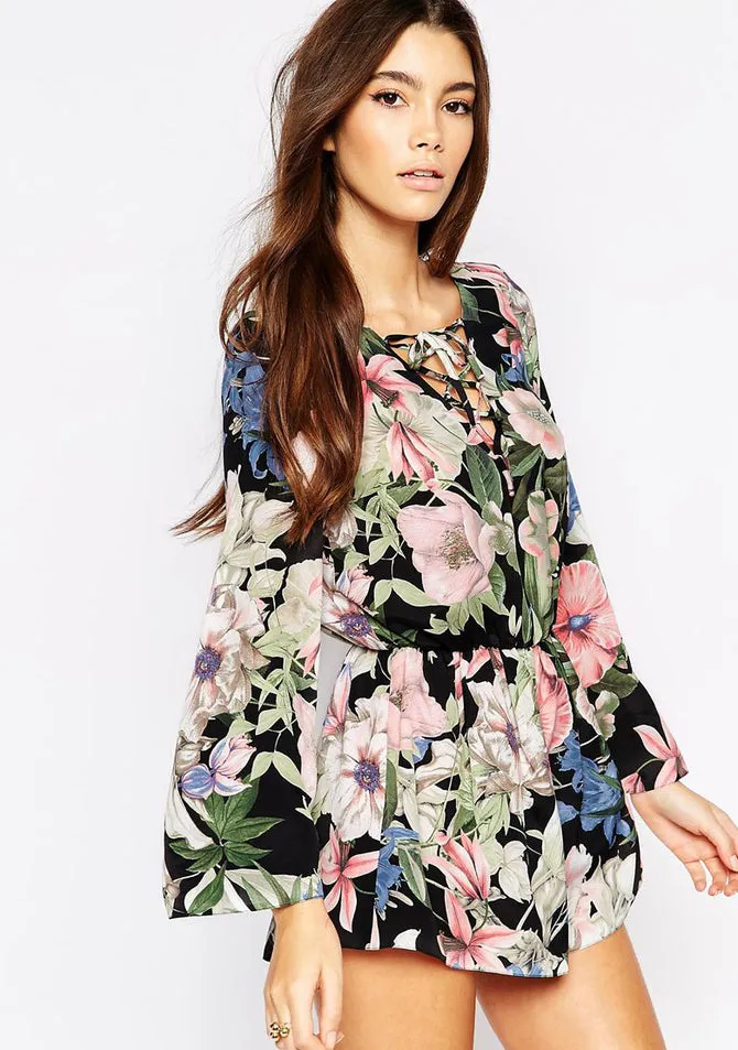 image:Floral Print Bell Sleeve Romper